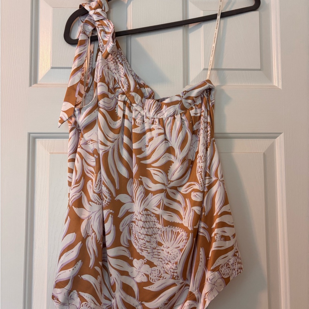 Lilly Pulitzer Brown and White Floral One-Shoulder Blouse NWT